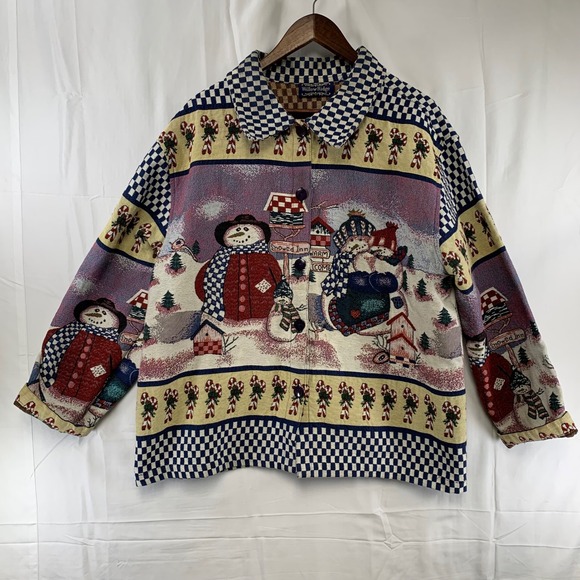 Willow Ridge Jackets & Blazers - Willow Ridge Tapestry Jacket Womens XL Multicolor Snowman Christmas Woven Button